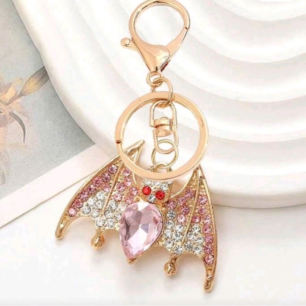 Bats in your belfry-  BAT Crystal Bag Charm Keychain Pink Gold NEW NWT